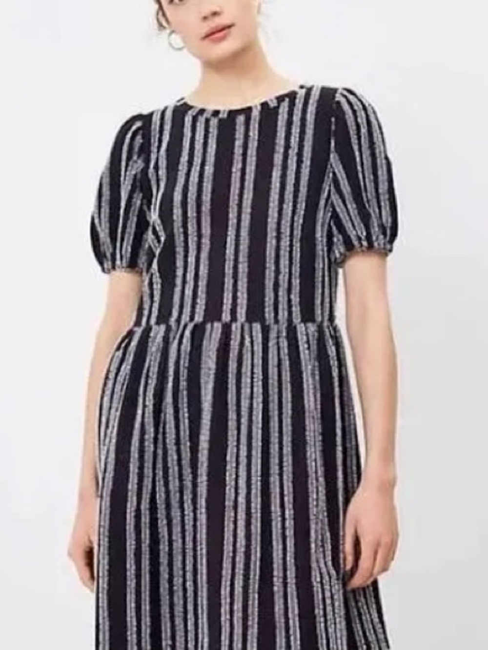 LOFT Black and White Vertical-Stripe Puff-Sleeve Midi Dress